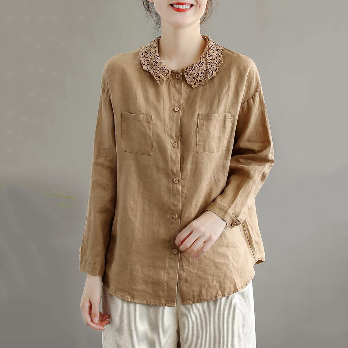 Vintage Women's Cotton Linen Lace Casual Shirt