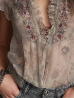 Vintage Floral Printed Ruffled Lace Trim Sheer Chiffon Blouse With Neckline Embroidery