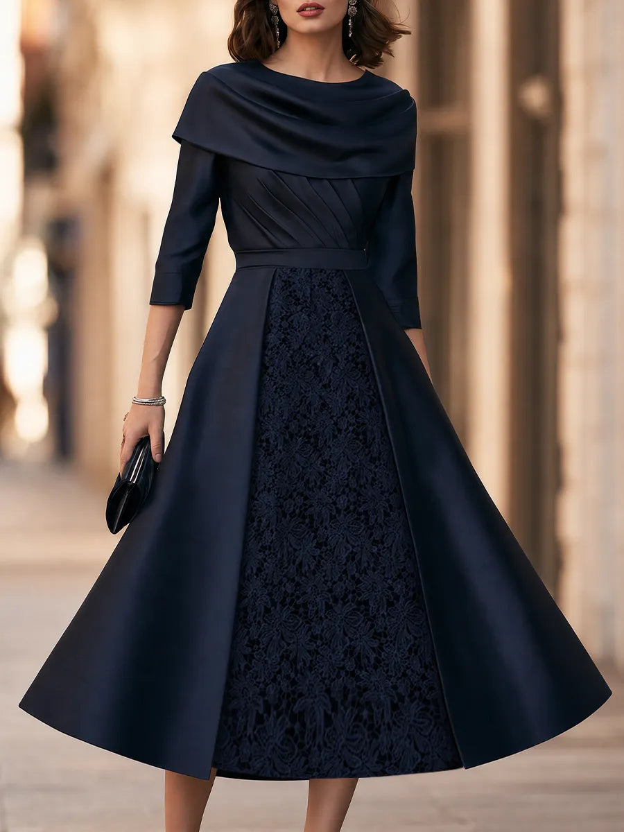 Draped Shawl-Collar Lace-Panel Midi Dress