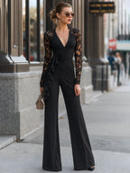 Lace-Sleeve Ruched Ruffle Wide-Leg Jumpsuit