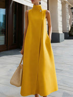 Women's Solid Color Stand Collar Sleeveless Casual Loose Cotton Linen Dress