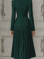 Green Pinstripe Tailored Blazer & Pleated A-Line Midi Skirt Two-Piece Suit Set