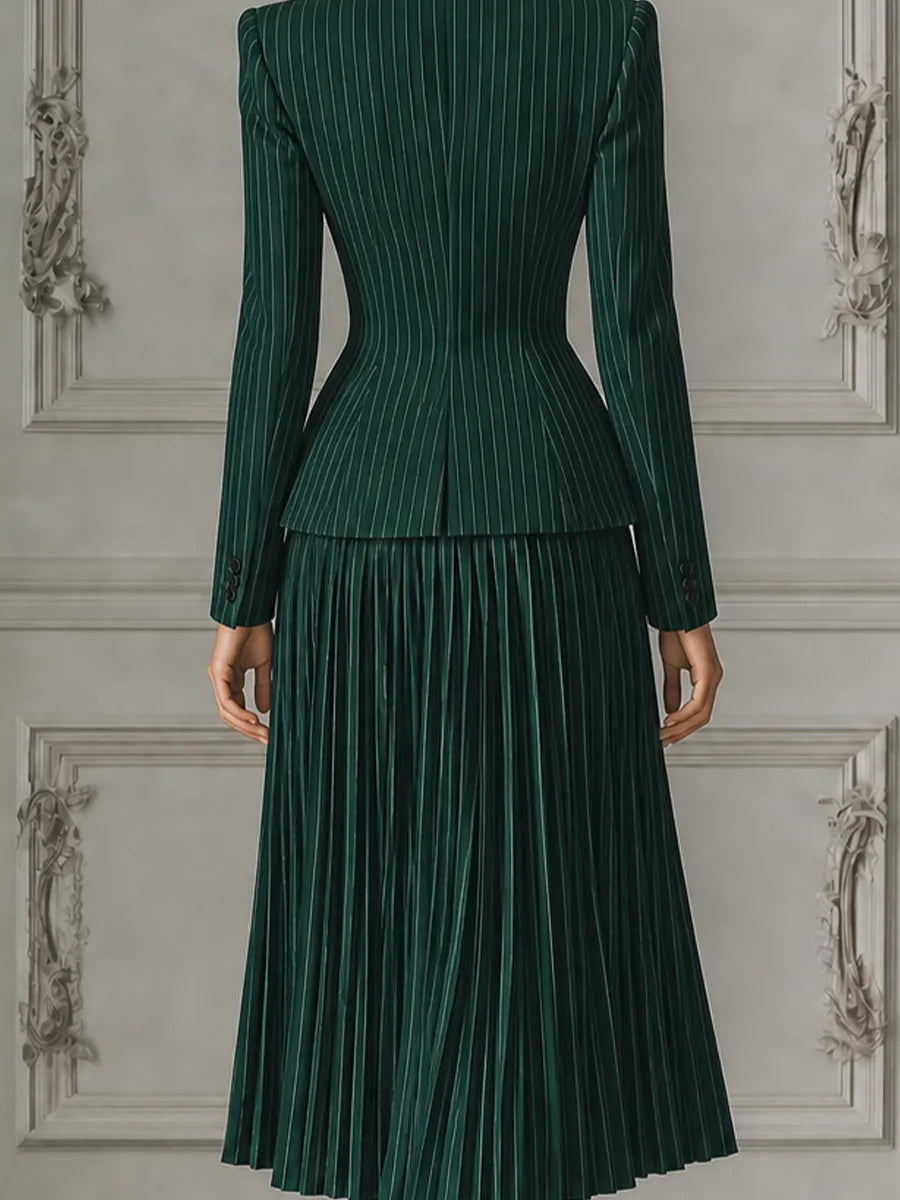 Green Pinstripe Tailored Blazer & Pleated A-Line Midi Skirt Two-Piece Suit Set