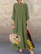 Women's Retro Floral Contrast Button Patchwork Cotton And Linen Casual Dress