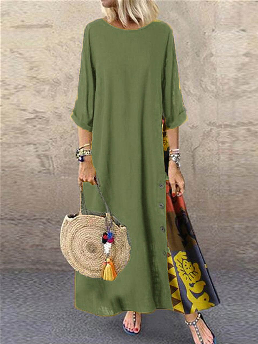 Women's Retro Floral Contrast Button Patchwork Cotton And Linen Casual Dress