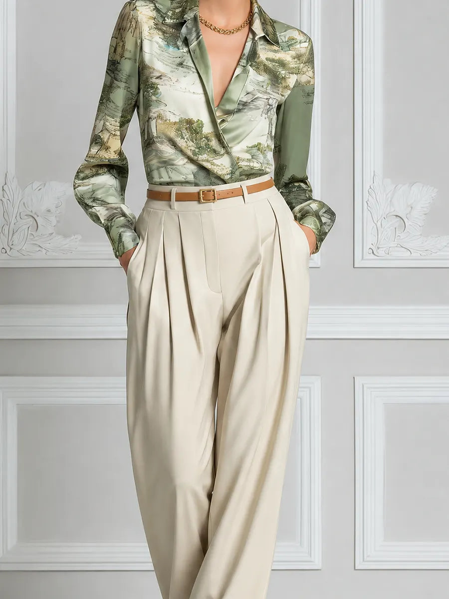 Sage Scenic Satin Blouse & Ivory Pleated Wide Leg Pants Set