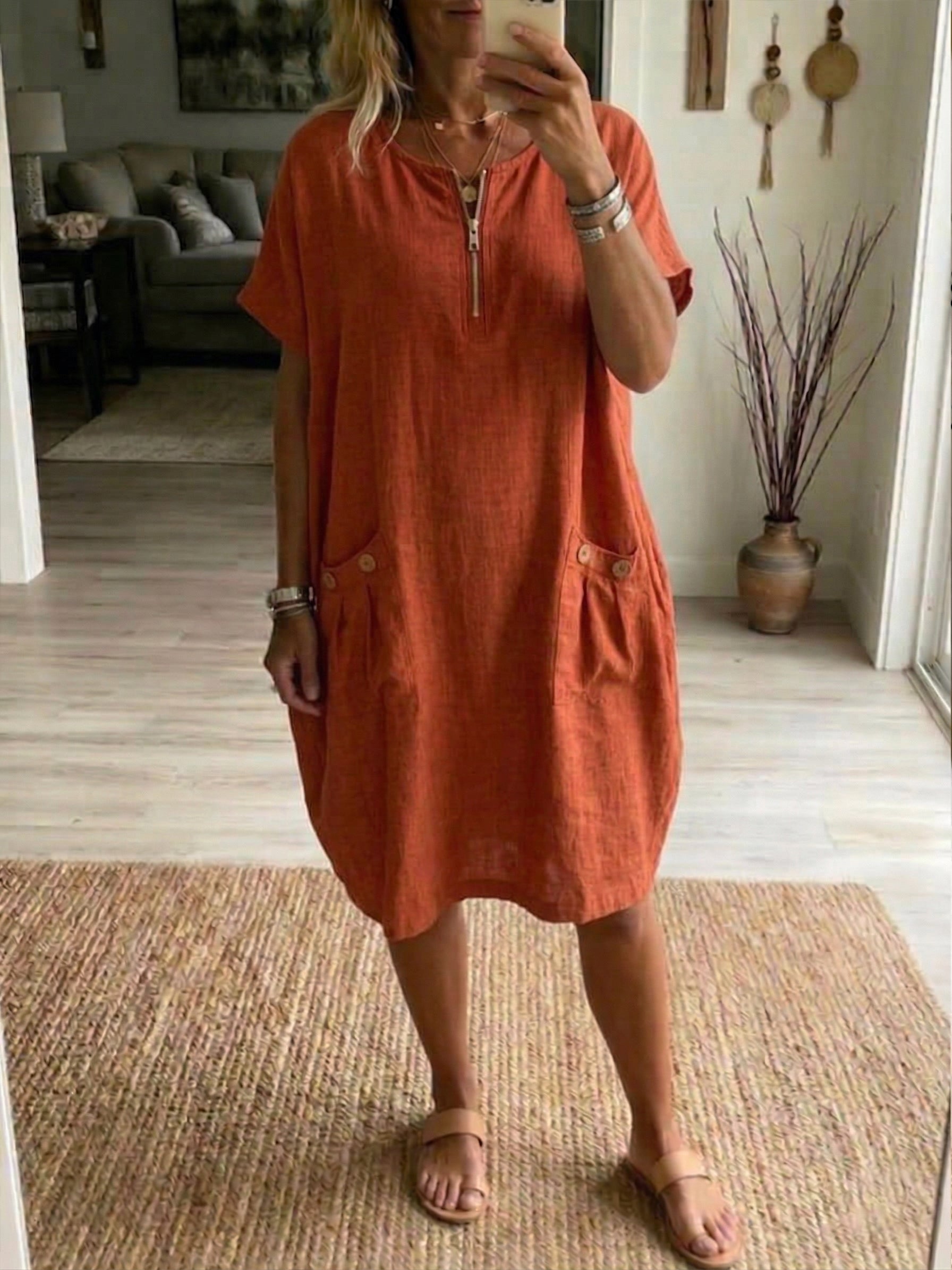 Casual Loose Half-zip Linen And Cotton Dress