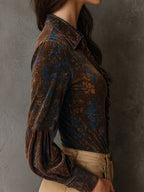 Chic Boho Floral Print Velvet Blouse With Ruffle Trim