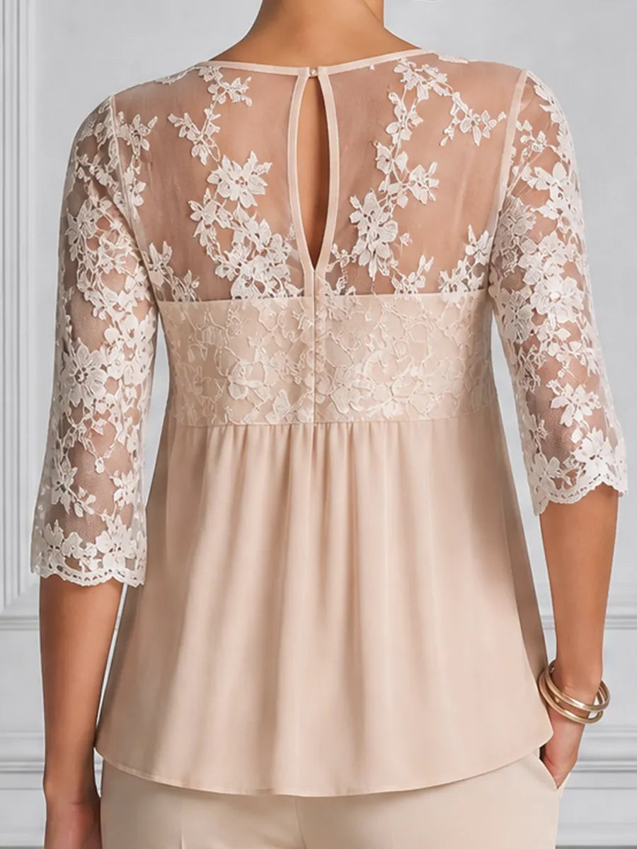 Ivory Lace Chiffon Empire Waist Blouse