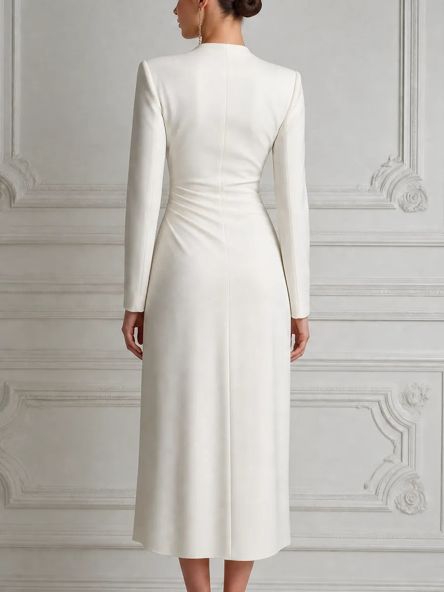 White Dress Wrap V Neck Ruched Button Slit Midi Dress