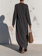 Dark Grey Contrast Red Piping Long Sleeve Maxi Sweatshirt Dress, Loose Mock Neck Kaftan Dress With Side Pockets