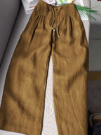 Women's Solid Color Pleated Drawstring Casual Cotton and Linen Wide Leg Pants