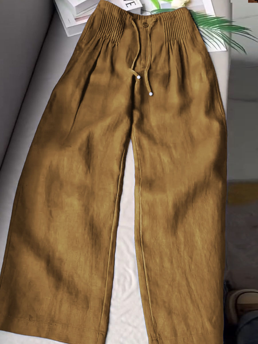 Women's Solid Color Pleated Drawstring Casual Cotton and Linen Wide Leg Pants