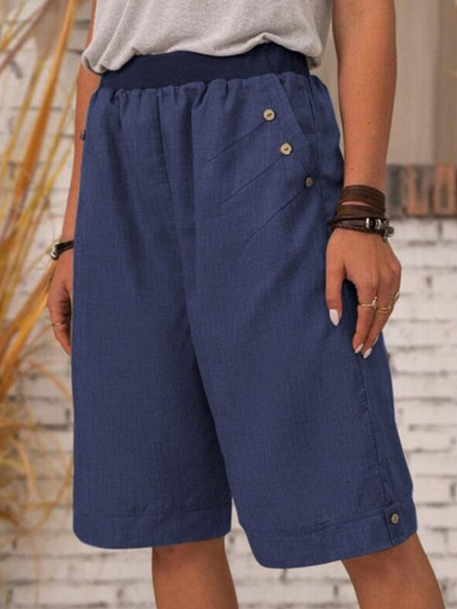 Women's Solid Color Elastic Waist Loose Casual Pockets Cotton and Linen Shorts
