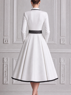 White Dress Contrast Trim Bow Belt A-Line Midi Dress