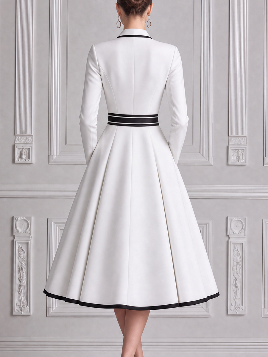 White Dress Contrast Trim Bow Belt A-Line Midi Dress