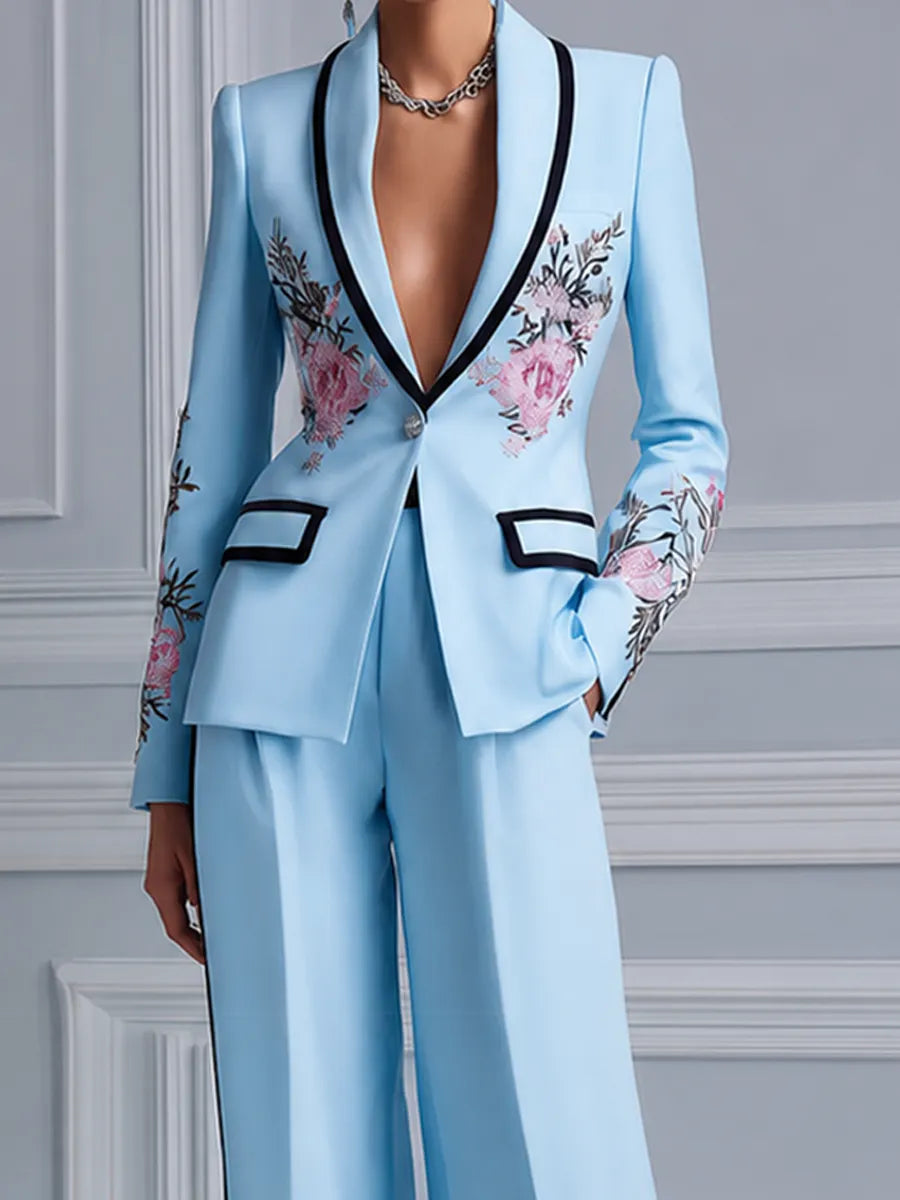 Sky Blue Floral Embroidered Deep V Tailored Blazer & Wide Leg Trousers Two-Piece Suit Set