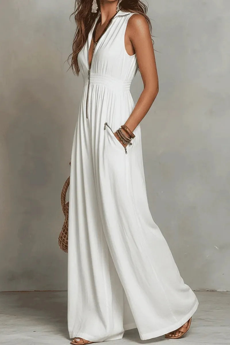 White Zip-Front Bohemian Maxi Dress