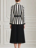 Black White Vertical Stripe Tailored Blazer & Pleated Midi Skirt Two-Piece Suit Set