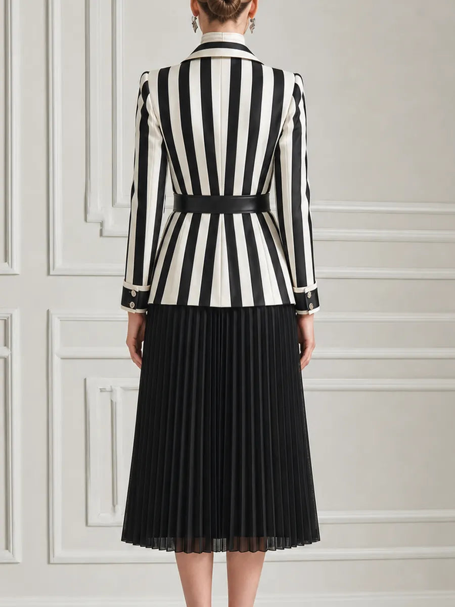 Black White Vertical Stripe Tailored Blazer & Pleated Midi Skirt Two-Piece Suit Set