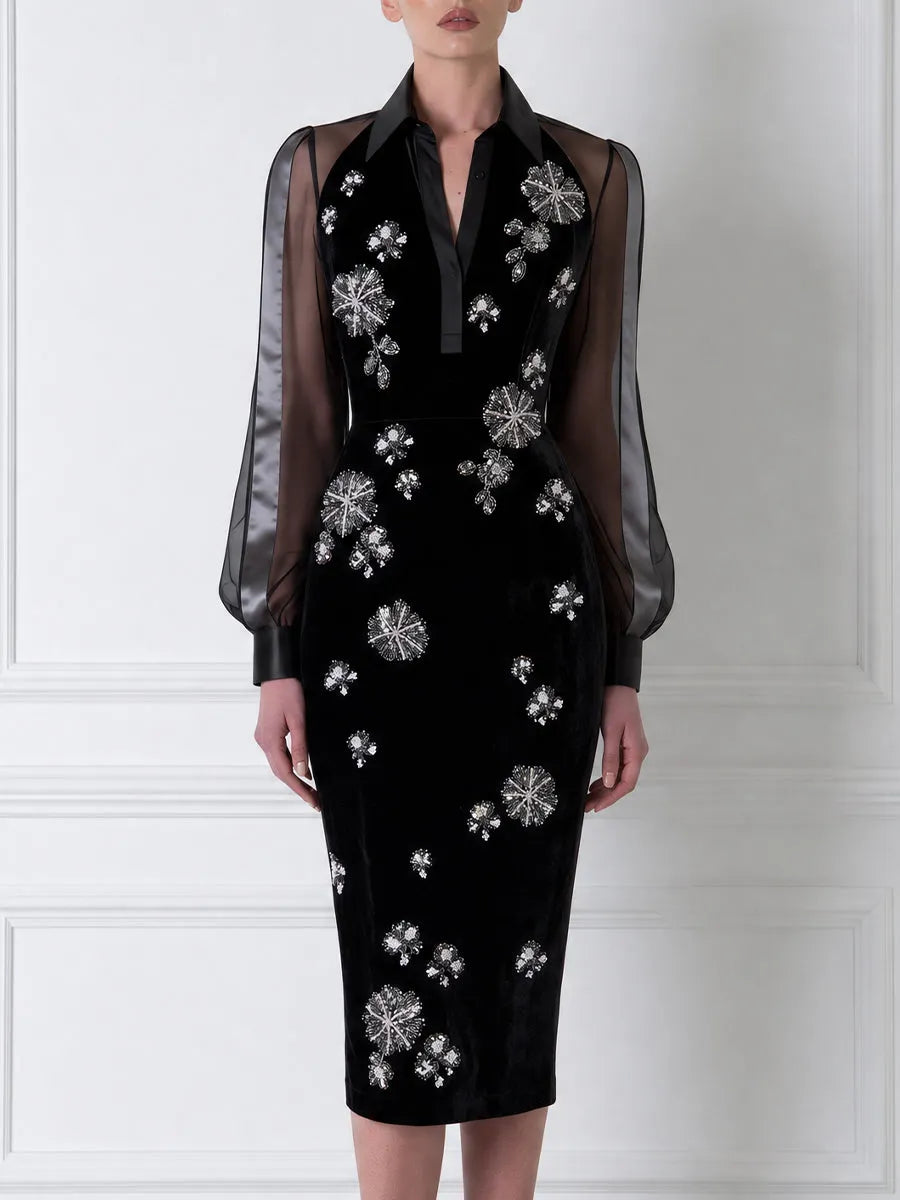 Beaded Firework Floral Sheer Sleeve Collared Velvet Bodycon Midi Dress