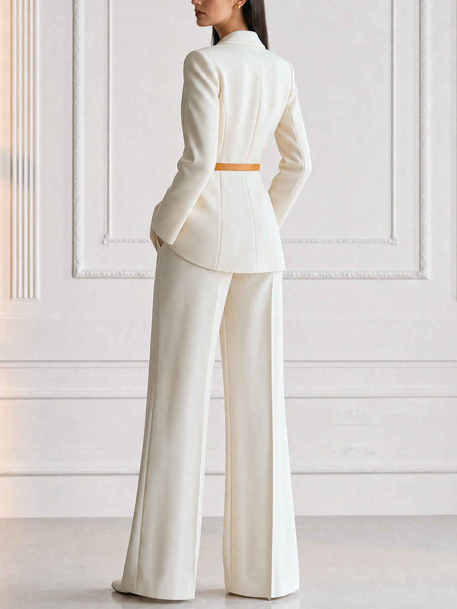 Belted Shawl Collar Blazer & Wide-Leg Flare Pants Suit Set