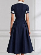 Contrast-Collar Half-Zip Nautical A-Line Midi Dress