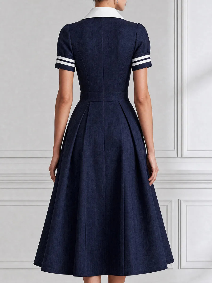 Contrast-Collar Half-Zip Nautical A-Line Midi Dress