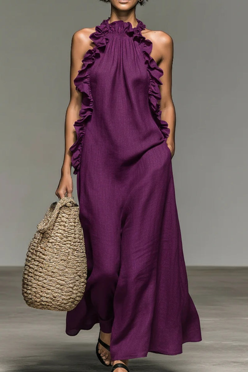 Women's Minimalist Linen-blend Sleeveless Maxi Dress With Ruffle Details