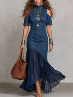 Women's Off-Shoulder Mesh Hem Short-Sleeve Dress