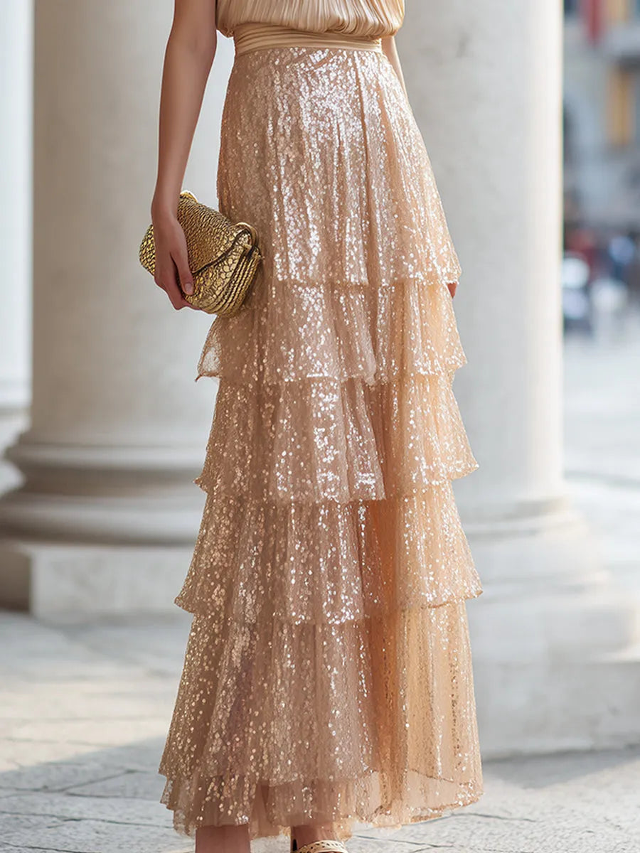Premium Champagne Pleated Halter Top & Layered Sequin Maxi Skirt Two-Piece Set