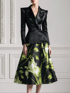 Satin Peplum Blazer & Floral Print A-Line Midi Skirt Set