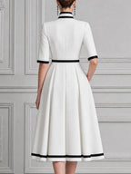 White Dress Contrast Trim Pleated A-Line Midi Dress