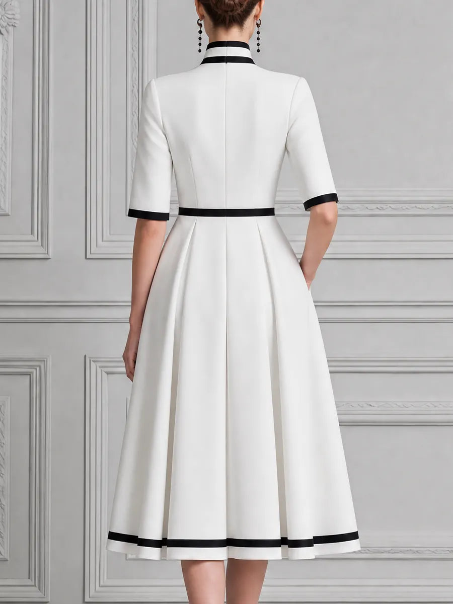 White Dress Contrast Trim Pleated A-Line Midi Dress