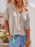 Women's Solid Color V-neck Linen T-shirt