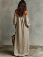 Vacation Beige Striped Off-Shoulder Long-Sleeved Maxi Dress