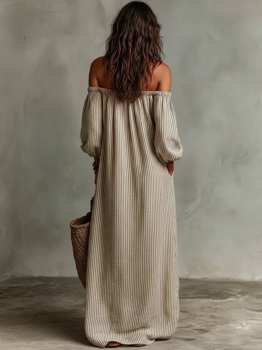 Vacation Beige Striped Off-Shoulder Long-Sleeved Maxi Dress