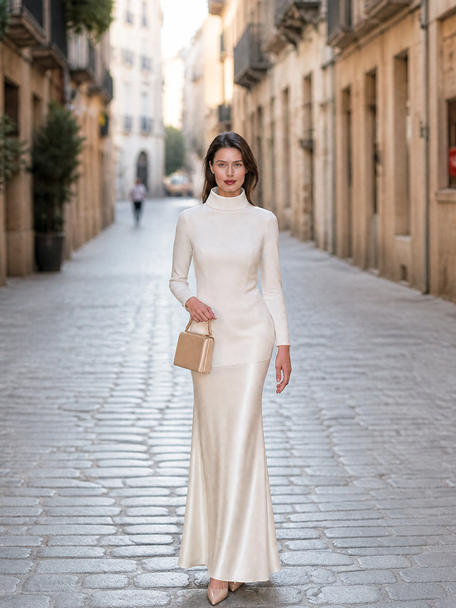 Women's Long Sleeve Turtleneck Contrast Satin Maxi Dress