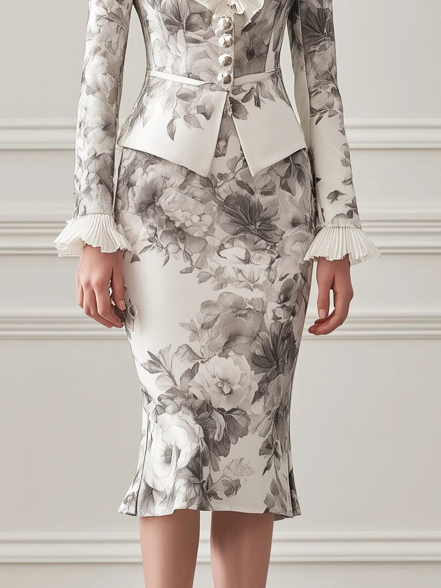 Ivory Grey Floral Print Pleated Ruffle Collar Tailored Blazer & Mermaid Midi Skirt Two-Piece Suit Set