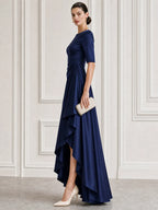 Satin Boat-Neck Ruched High-Low Maxi Gown