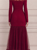 Red Dress Lace Trim Fall Wedding Guest Dress Off Shoulder Tulle Maxi Dress