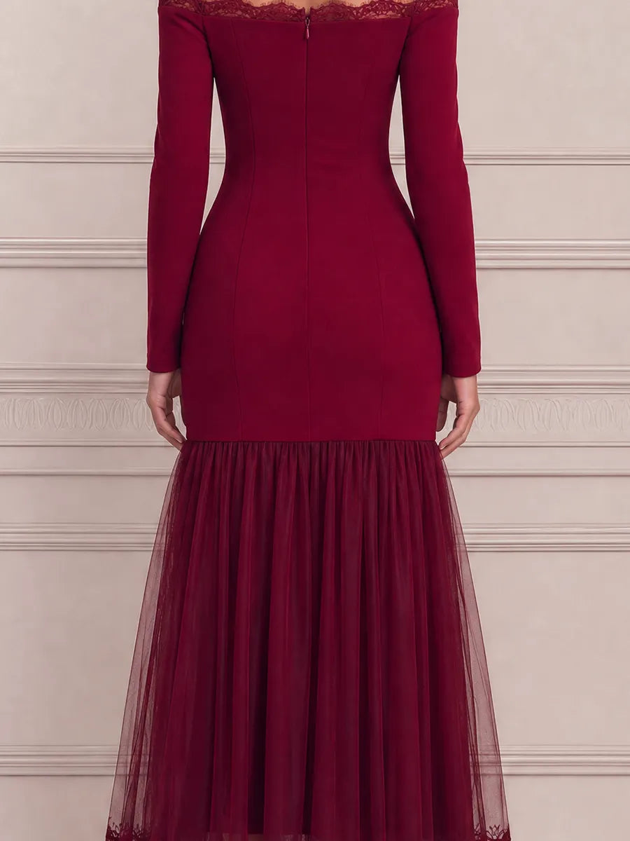 Red Dress Lace Trim Fall Wedding Guest Dress Off Shoulder Tulle Maxi Dress