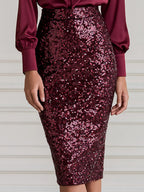 Satin Bow Blouse & Sequin Pencil Midi Skirt Two Piece Set
