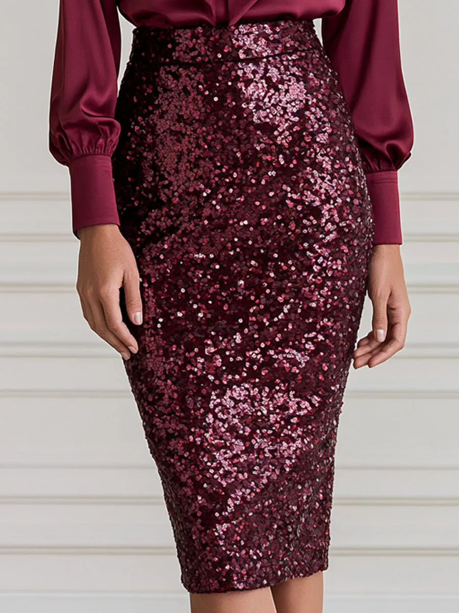 Satin Bow Blouse & Sequin Pencil Midi Skirt Two Piece Set