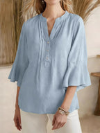 Women's Solid Color V Neck Short Sleeve Linen Blend Shirt