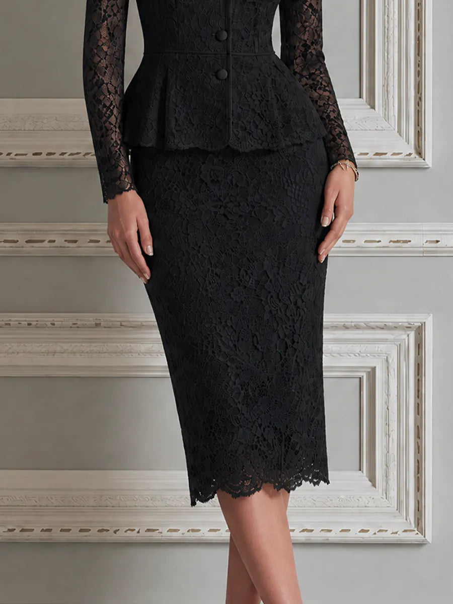 Black Lace Satin Lapel Peplum Jacket & Pencil Skirt Set
