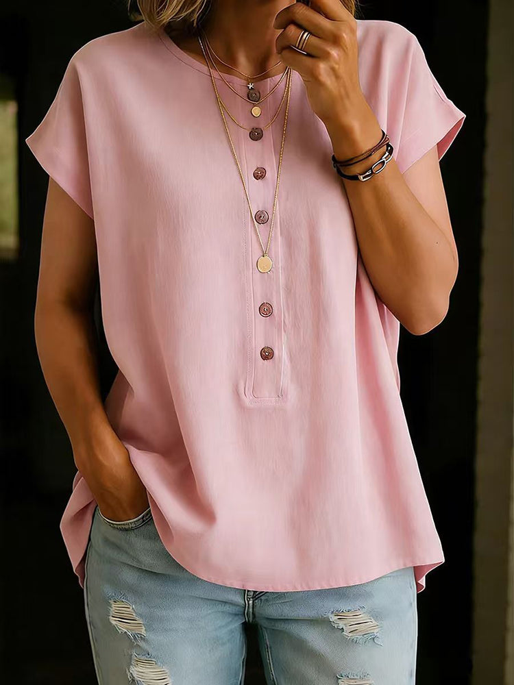 Women's Solid Color Linen Blend Short Sleeve  T-shirt