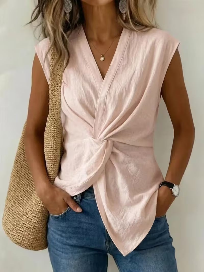 Women's Causal V-neck Sleeveless Twist Cotton Top