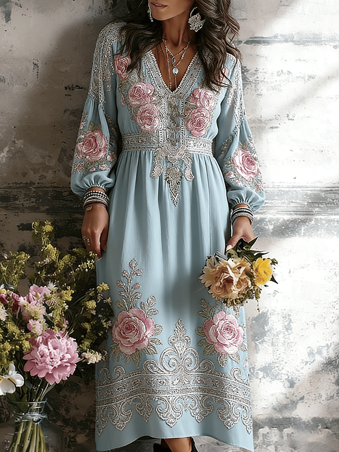Women's Floral Art Pattern Cotton Linen V-Neck Retro Long Dress