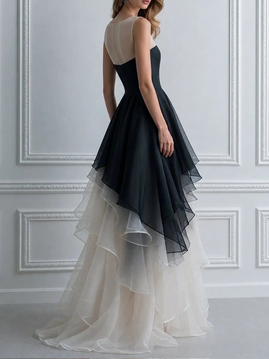 Black-to-Ivory Ombré Illusion Tiered Ruffle Maxi Gown